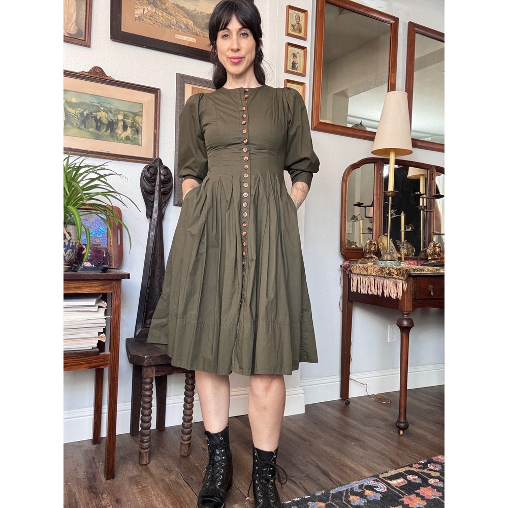 Ulla Johnson Olive Green Cotton Poplin Button Front Pleated Midi Dress Pockets 0 - Picture 2 of 8